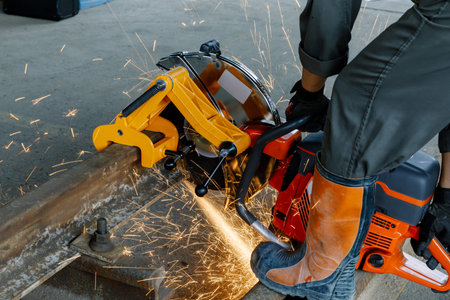 Craftsman using machines cutting steel rail .