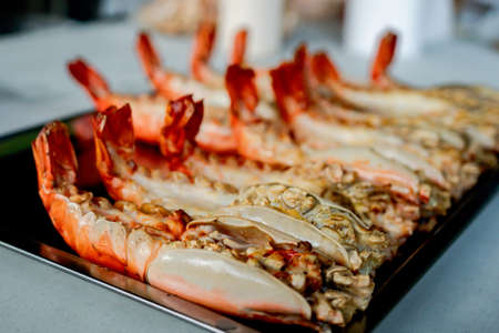 Close-up of many large shrimps, placed in ready to eat dishesの写真素材