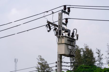 A large power transformer is mounted on a high voltage pole with wires connected to the transformer.