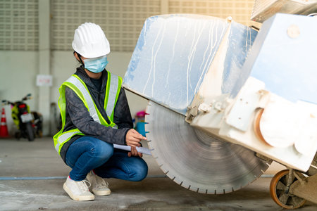 Young Asian female engineer wearing a medical mask to cover her mouth and wearing a white safety...