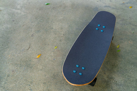 A black Surf Skate has a black top and black wheels resting on a cement floor in a garden.の写真素材