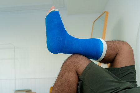 The right leg of a man who suffered a fractured bone had a blue cast wrapped around his leg from foot to shin lying cross legged on a bed in a white bedroom.の写真素材
