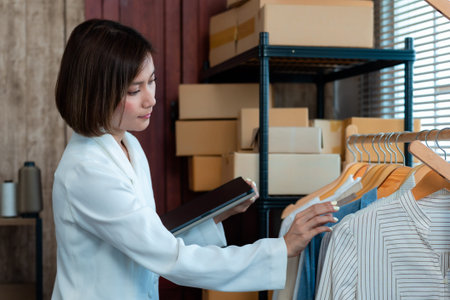 A young woman who owns an Asian clothing store, checking the tailor-made clothes on the tablet,Professional small business owner partner in clothing design,Concept online store business.の写真素材