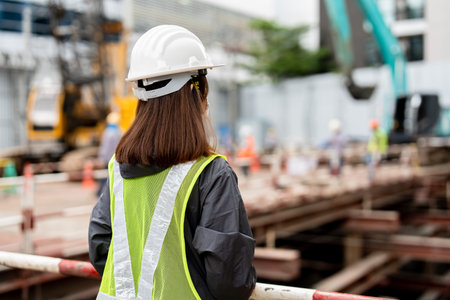 woman standing at a construction site looking at people working on a construction site. Long-haired...