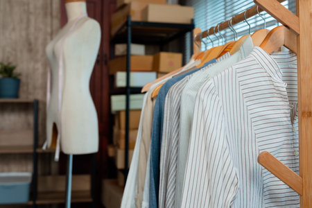An online clothing store with shirts hanging on a rail and a mockup of a human body in the...