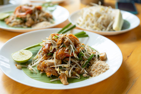 Close-up of Pad Thai Seafood, a dish made from noodles, is a famous dish of Thailand recommended for...