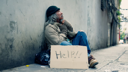 An old Asian man, a homeless man, dressed in shambles with a sign for help, hoping beside him, watches passers-by, hoping someone will help him because he has no money, food, no job.の写真素材