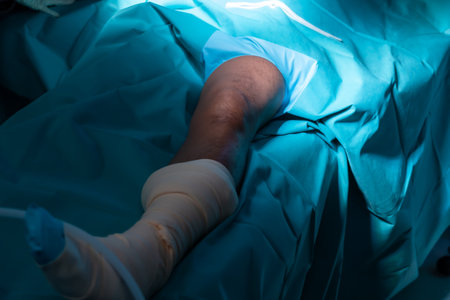 Patient's legs lie straight on operating table, in operating room, doctor put anesthesia put anesthetic on patient's leg before coming back for surgery when ready at right time.の写真素材