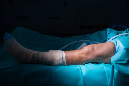 Leg patient whose leg is bandaged with gauze bandages around lower leg, prepare before having knee surgery patient lies stretched on bed in operating room, wrap bandage from bottom knee down toes.の写真素材