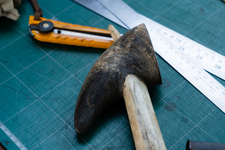 Close-up variety tools available trim leather for craft work, made by myself with all these hands...