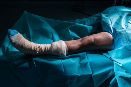 Close-up leg with knee machine problem undergoes knee surgery,  right leg is straightened on operating room bed wait for knee surgery by specialist doctor specializes in knee puncture.の写真素材