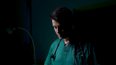 Close-up handsome male doctor's face is doctor specializes in surgery, doctor wears green suit is cleaned before entering operating room, stood with head bowed stethoscope hanging around neck.の写真素材
