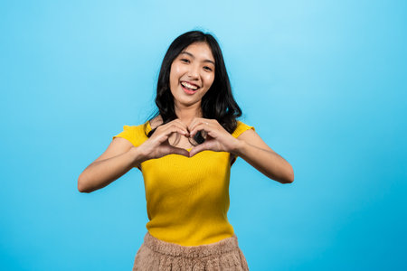 Portrait, Asian woman with shoulder-length hair beautiful Asian, raise both arms two hands that form heart shape, use heart instead words express love, Isolated indoor studio on blue background.の写真素材
