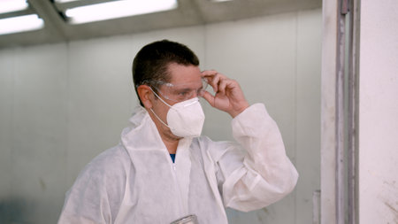 man mechanic, standing up after spray painting in room for finishing car, lifted hand removed hat attached suit take off glasses and pull mass out lot, hot weather made sweat lot.の写真素材