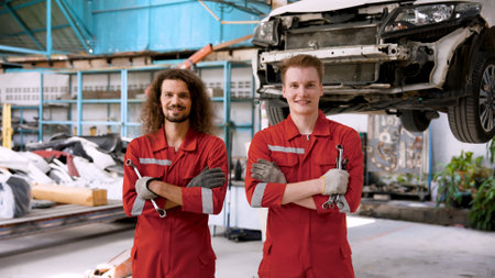 Two  Caucasian man with their arms crossed showing confidence in taking care of a customer's car at auto repair center with a smiling face holding a wrench against the car in background. in garage.の写真素材
