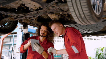 two men are mechanics, working in large garage, two mechanics checking undercarriage car raised high see lower part clearly, holding car check book talk each other before fixing car.の写真素材