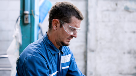 Close-up of an expert Caucasian car paint technician. I'm using a car polisher to polish the bonnet....