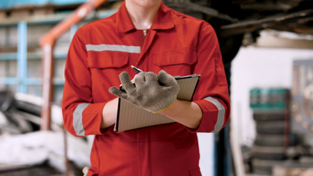 Close-up car inspection book in the hand of a mechanic Mechanic checking what is written from the...