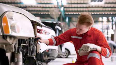 mechanic is checking front car, which enters garage in wrecked state, mechanic checks condition,...