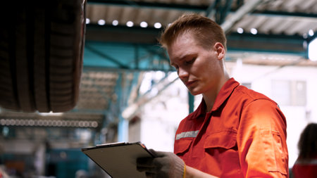 Close-up hand male mechanic Caucasian, male mechanic wears clothes work in large workshop, for safety protection against dirt, Checking condition wheels car that has some abnormalities.の写真素材