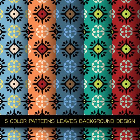 5 color patterns background design and seamless leavesのイラスト素材