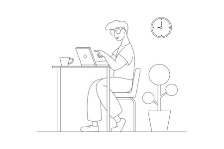 A man working at home on some project, he is sitting at a table, pointing ideas on a computer notebook.のイラスト素材