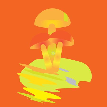 mushrooms with a red hat on a green leaf on an orange backgroundのイラスト素材