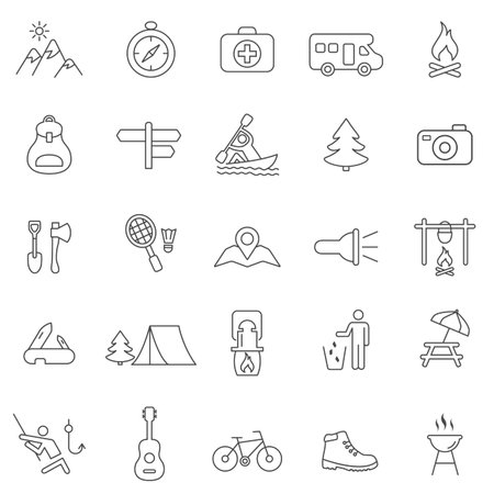 Camping line icons set.Vectorのイラスト素材