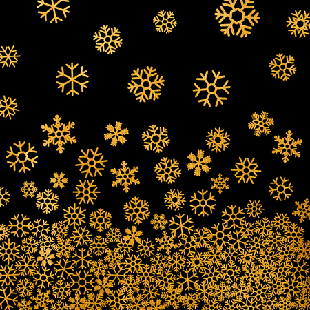 Abstract pattern of falling golden snowflakes on black background. Elegant pattern for Christmas or New year background, festive banner, card, invitation, postcard. Vector illustration.のイラスト素材
