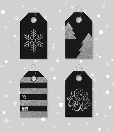 Collection of four silver texture Christmas and New Year gift tags. Set of festive gift tag, sticker, label. Template for banner, invitation, postcard, card, wrapping, packaging. Vector illustration.のイラスト素材