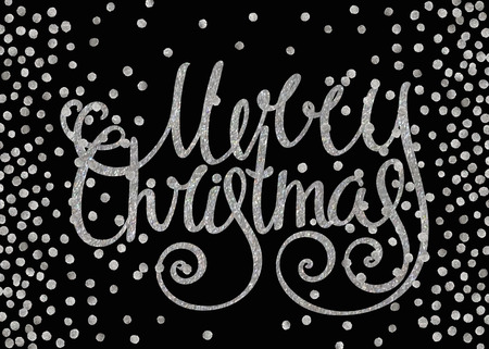 Silver textured handwritten calligraphic inscription Merry Christmas with pattern of silver confetti. Design element for banner, card, invitation, postcard, template and vignette. Vector illustration.のイラスト素材