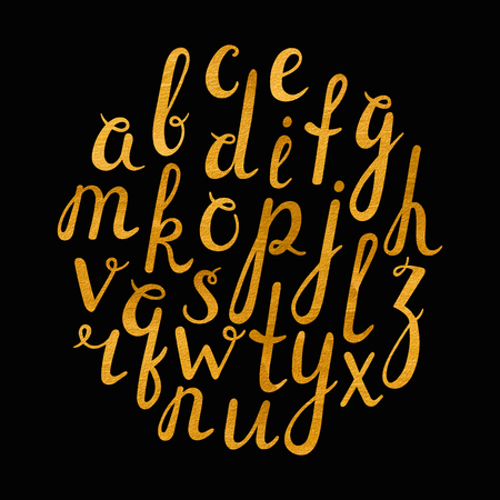Artistic handdrawn golden font. All the letters are painted in gold texture. Italic, bold. Vector illustration.のイラスト素材