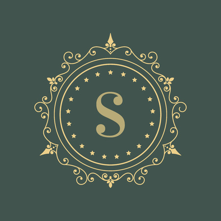 Elegant floral monogram logo design template. Retro style lineart vector illustration for restaurant, boutique, hotel, heraldic, jewelry, fashion, business signs or banner, card, label.のイラスト素材