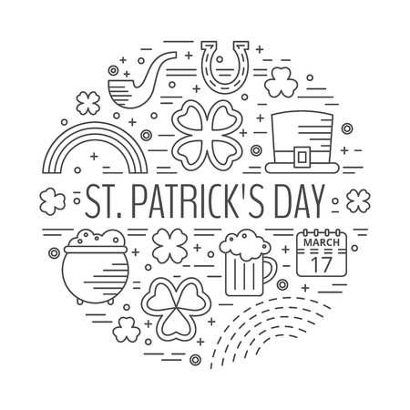 St. Patrick's day line icons set in circle shape. Design concept for festive banner, greeting card, t-shirt, poster, advertisement.のイラスト素材