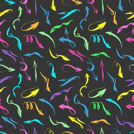 Seamless hand drawn neon marker arrows pattern on a black background. Doodle sketch style. Design element for banner, card, invitation, postcard, textile, fabric. Vector illustration.のイラスト素材