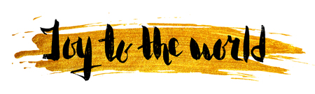 Joy to the world hand drawn lettering decoration element on gold background. Design element for festive banner, greeting card, poster and flyer. Vector illustration.のイラスト素材