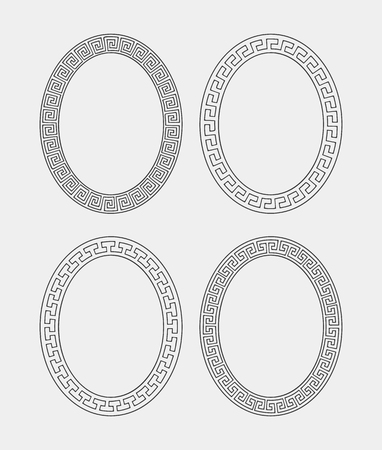 Vector set of four oval meander frames. Greek hand drawn border for banner, card, invitation, postcard, label, poster, emblem and other design elements. Vector isolated illustration.のイラスト素材