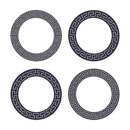 Vector set of four round meander frames. Greek hand drawn border for banner, card, invitation, postcard, label, poster, emblem and other design elements. Vector isolated illustration.のイラスト素材