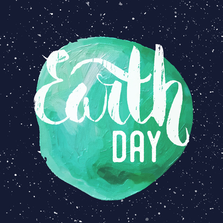 Lettering. Poster for Earth day. Paint illustration of our planet. Design template for banner, card, monogram, invitation, label and emblem. Vector illustration.のイラスト素材