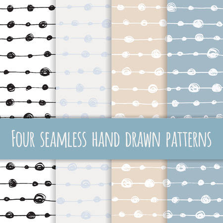 Set of four abstract seamless hand-drawn ink patterns. Vector illustration.のイラスト素材