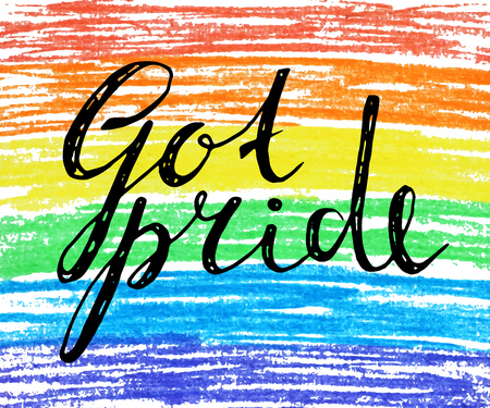 Got pride handwriting grunge inscription on crayon rainbow background. Calligraphy lettering for banner, poster, postcard. Design for International day against homophobia. Vector illustration.のイラスト素材