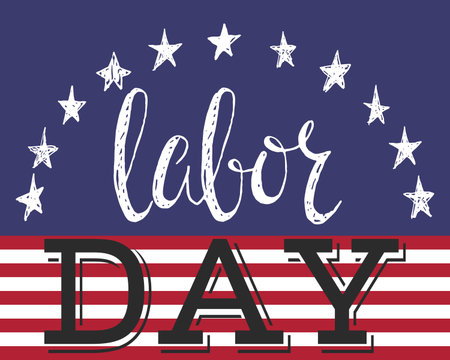 Labor day poster. Lettering inscription on blue and red striped background. Grunge style vintage concept for greeting card, banner, postcard, poster, placard design. Vector illustration.のイラスト素材