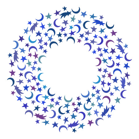 Children space round frame of the colorful star, moon and comet on white background. Design template for banner, greeting card, invitation, postcard, emblem etc. Vector illustration.のイラスト素材