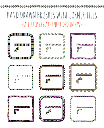 Vector set of nine hand drawn brushes with corner tiles. Pattern of different colors for frames, borders and design elements. Vector isolated illustration. Brushes are included in eps.のイラスト素材