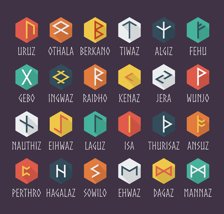 Set of Elder Futhark runes with names in trend flat style. Old Norse Scandinavian runes. Germanic letter. Vector illustration.のイラスト素材