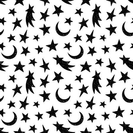 Cosmic seamless grunge pattern of the black star, moon and comet on white background. Design element for background, textile, paper packaging, wrapping paper and other. Vector illustration.のイラスト素材