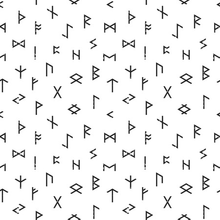 Abstract seamless grunge pattern of Elder Futhark runes on white background. Design element for background, textile, paper packaging, wrapping paper and other. Vector illustration.のイラスト素材