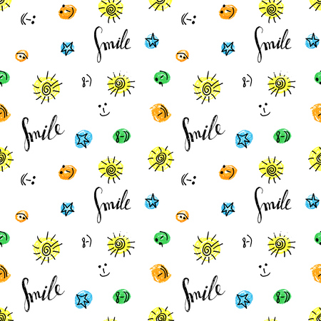 Cute seamless pattern of the colorful sun, smiley, star and Smile inscription on white background. Design for background, textile, paper packaging, wrapping paper, greeting card. Vector illustration.のイラスト素材