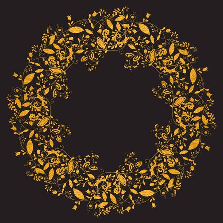 Circle gold floral frame in doodle style on black background. Elegant hand drawn flourish border or frame for greeting card, postcard, invitation, banner, flyer, poster, label. Vector illustration.のイラスト素材