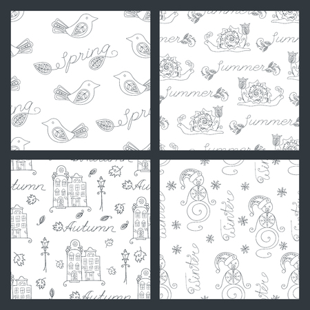 Set of seasonal seamless pattern for coloring book. Autumn, summer, spring, winter design element for background, paper packaging, wrapping paper and other. Vector illustration.のイラスト素材